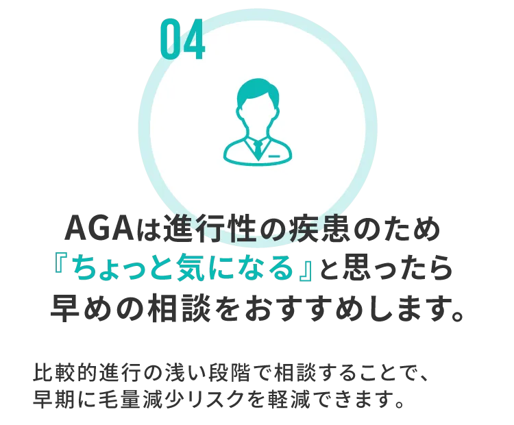 AGAは進行性の疾患のため、『ちょっと気になる』と思ったら早めの相談をおすすめします。