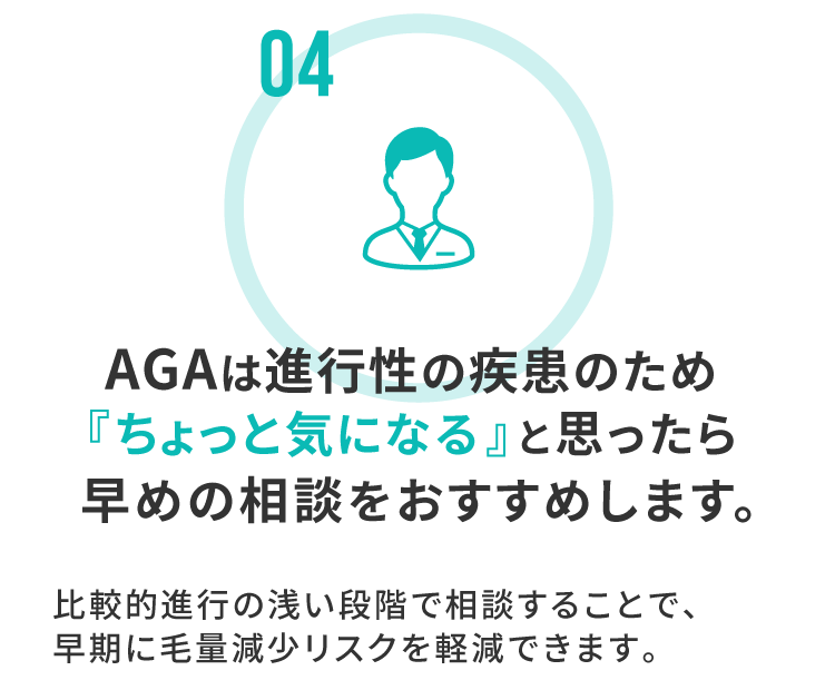 AGAは進行性の疾患のため、『ちょっと気になる』と思ったら早めの相談をおすすめします。